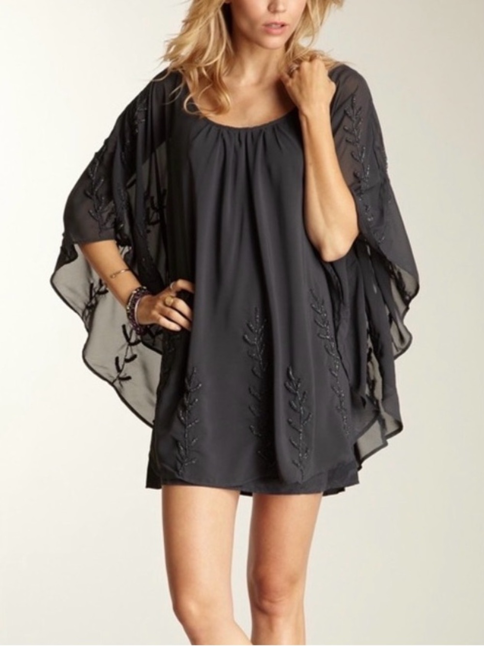 Free People Dark Gray Chiffon Mini Dress‎ w/ Beaded Floral Accent Size Medium